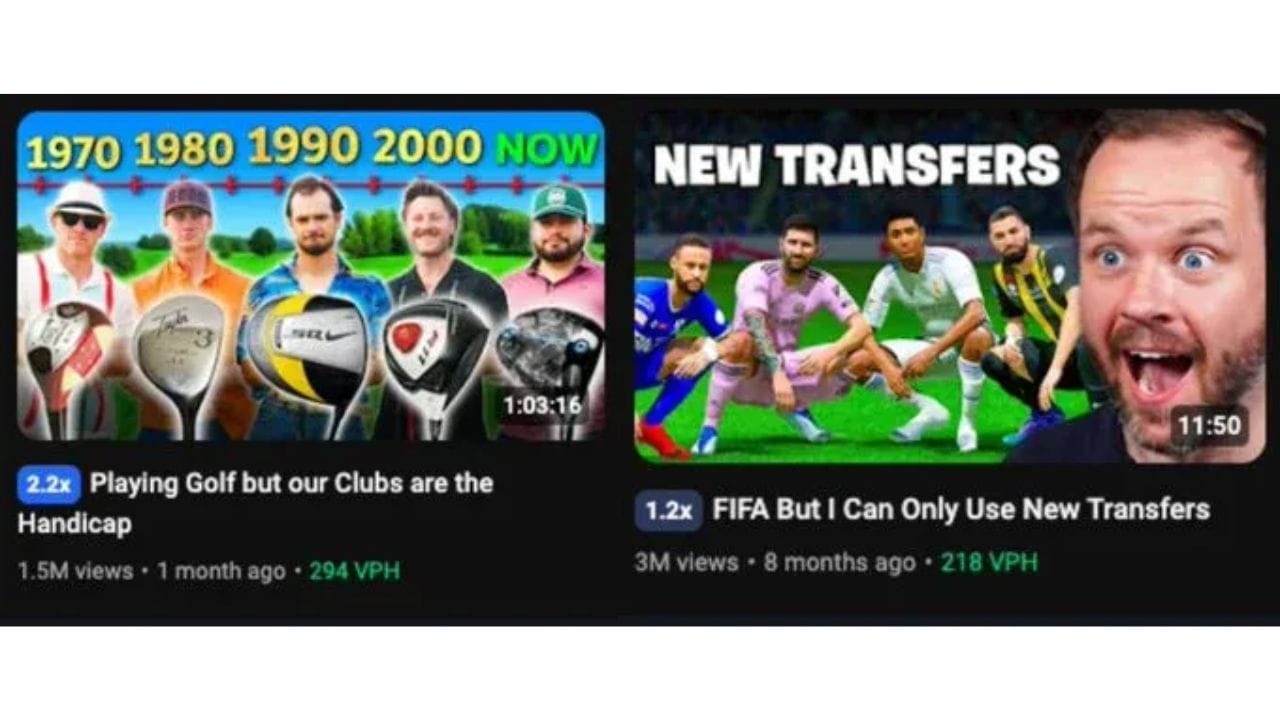 Two YouTube thumbnails side-by-side. On the left: a video titled "Playing Golf but our Clubs are the Handicap." On the right: a video titled "FIFA But I Can Only Use New Transfers."