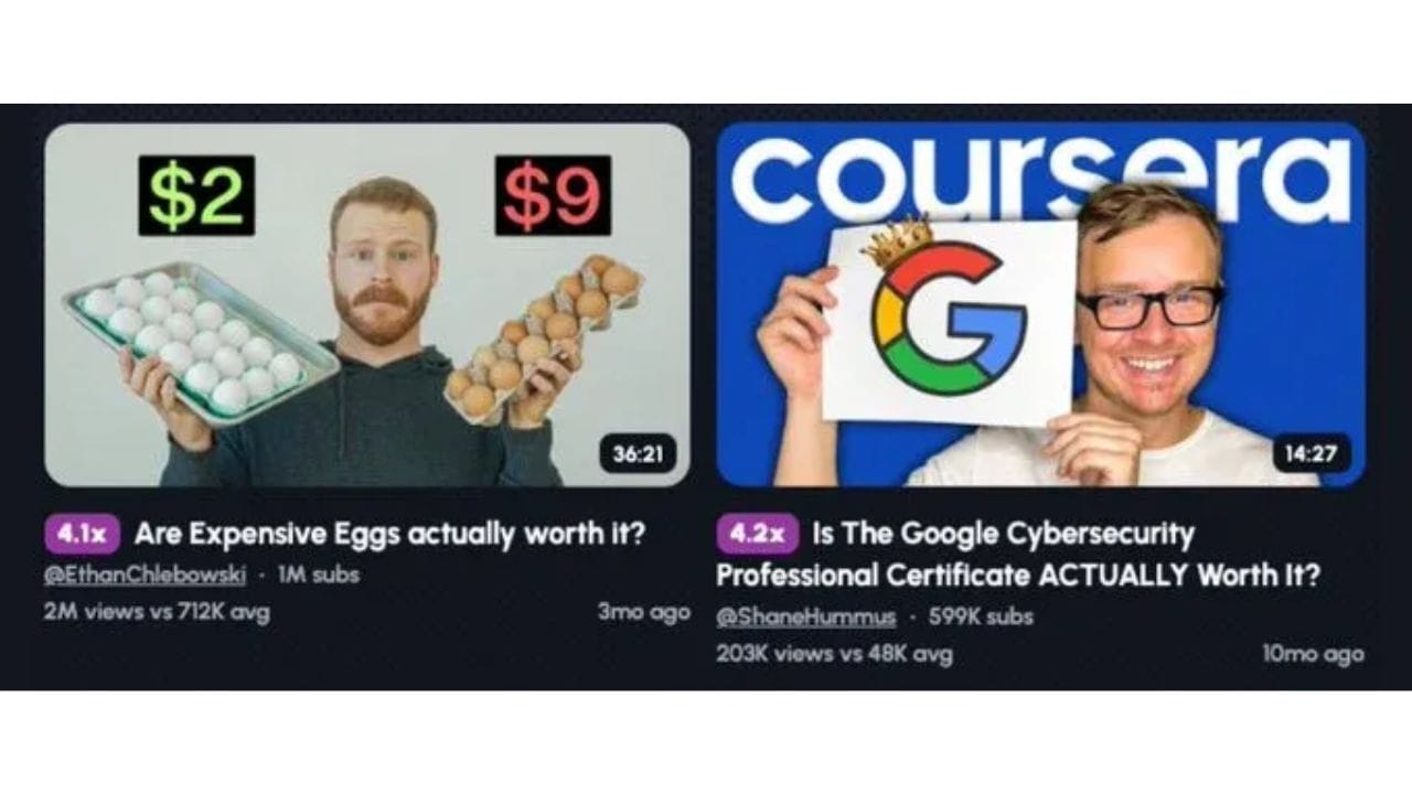 Two YouTube thumbnails side-by-side. On the left: a video titled "Are Expensive Eggs actually worth it?". On the right: a video titled "Is The Google Cybersecurity Professional Certificate ACTUALLY Worth It?".