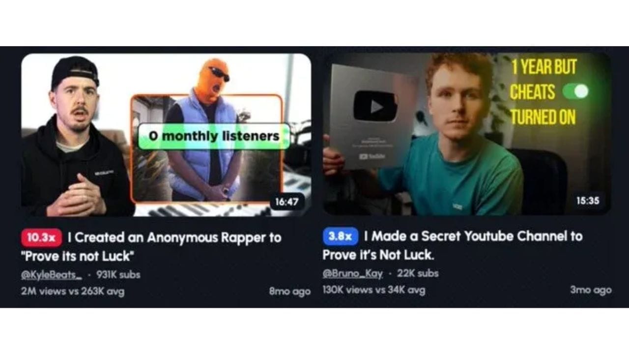 Two YouTube video thumbnails side-by-side. On the left: a video titled "I Created an Anonymous Rapper to 'Prove its not Luck'". On the right: a video titled "I Made a Secret Youtube Channel to Prove it's Not Luck.".