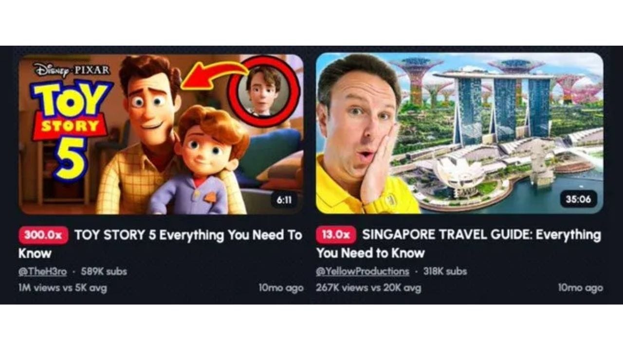 Two YouTube video thumbnails side-by-side. On the left: a video titled "TOY STORY 5 Everything You Need To Know". On the right: a video titled "SINGAPORE TRAVEL GUIDE: Everything You Need to Know".
