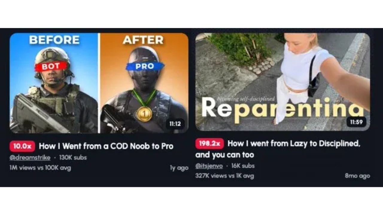 Two YouTube video thumbnails side-by-side. On the left: a video titled "How I Went from a COD Noob to Pro and you can too". On the right: a video titled "How I went from Lazy to Disciplined".