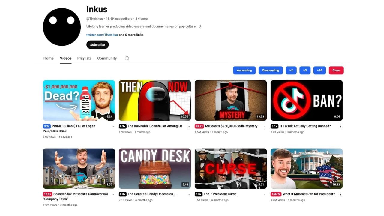 YouTube channel page for Inkus, featuring videos about pop culture, Logan Paul, MrBeast, Tik Tok, and other related topics. The channel has 15.6K subscribers and 8 videos.
