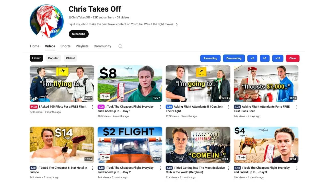 A screenshot of the YouTube channel page for "Chris Takes Off," featuring videos about travel, flying, and exploring different countries. The channel has 32K subscribers and 58 videos.