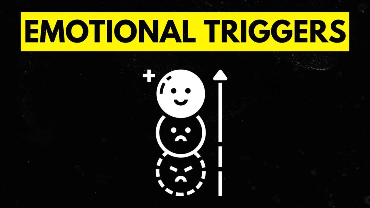 A black background with a white arrow pointing upwards. On the arrow, there are three stacked white circles representing emotions: a smiling face, a sad face, and an angry face. The text "EMOTIONAL TRIGGERS" is displayed in a yellow box above the image.