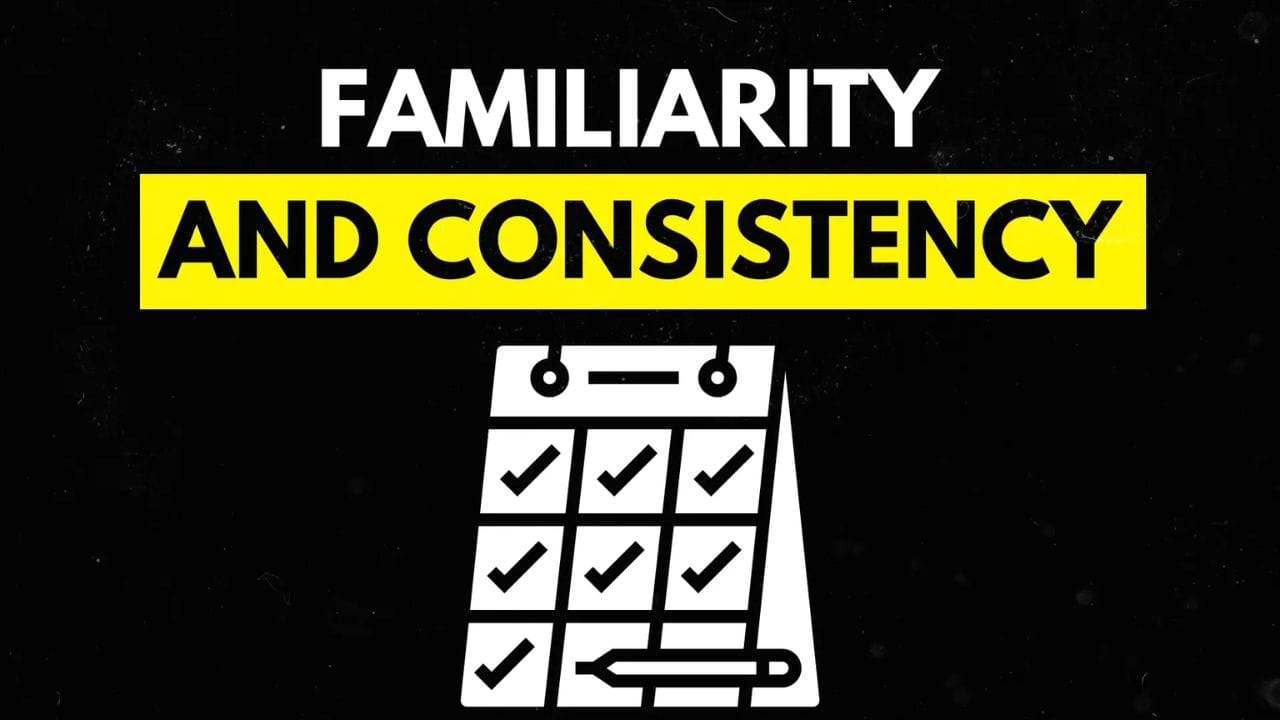 A white calendar icon with checkmarks on the dates, and a pencil drawing on the last date. The text "FAMILIARITY AND CONSISTENCY" is displayed in a yellow box above the image.