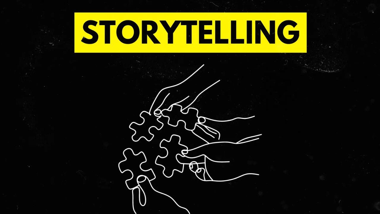 A white image of two hands fitting together puzzle pieces on a black background. The text "STORYTELLING" is displayed in a yellow box above the image.