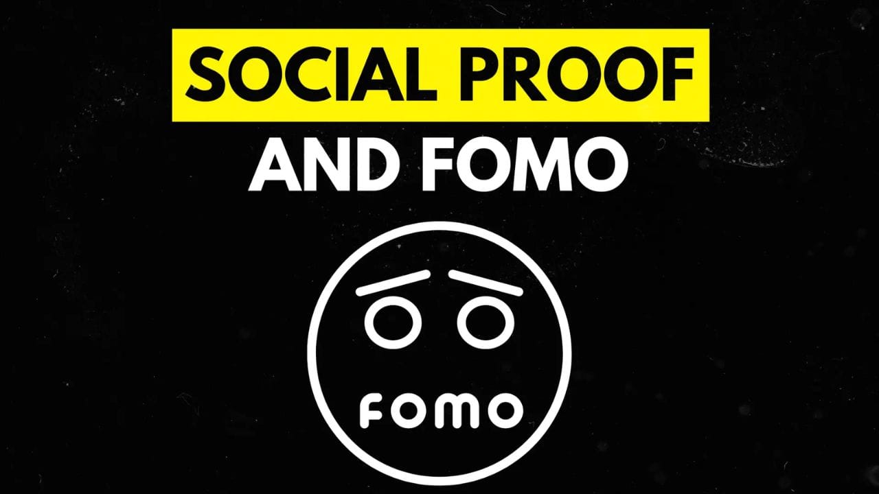 A white circle with a sad face and the text "FOMO" inside it. The text "SOCIAL PROOF AND FOMO" is displayed in a yellow box above the image.
