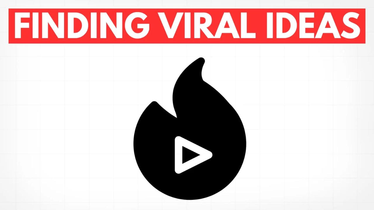 A black flame icon with a play button inside on a white background. The text "FINDING VIRAL IDEAS" is displayed in red above the icon.