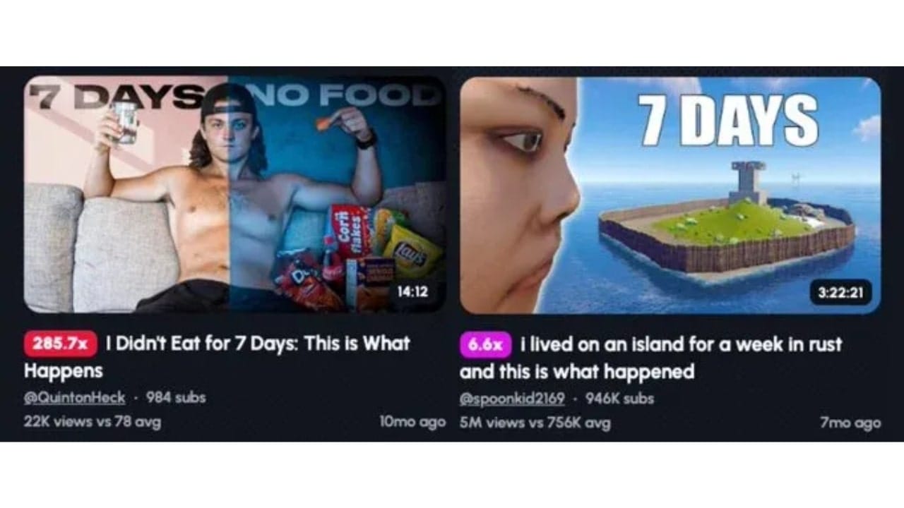 Two YouTube thumbnails side-by-side. On the left: a video titled "I Didn't Eat for 7 Days: This is What Happens". On the right: a video titled "i lived on an island for a week in rust and this is what happened".