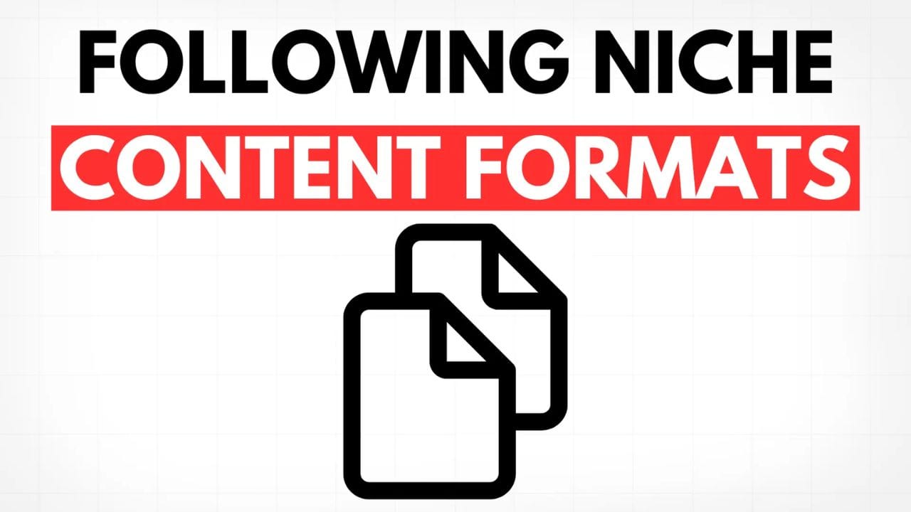Two overlapping document icons on a white background. The text "FOLLOWING NICHE CONTENT FORMATS" is displayed in red above the icons.