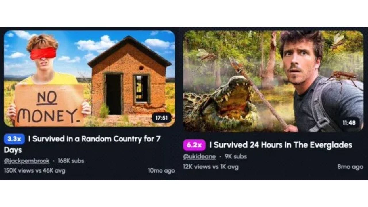 Two YouTube thumbnails side-by-side. On the left: a video titled "I Survived in a Random Country for 7 Days". On the right: a video titled "I Survived 24 Hours In The Everglades".