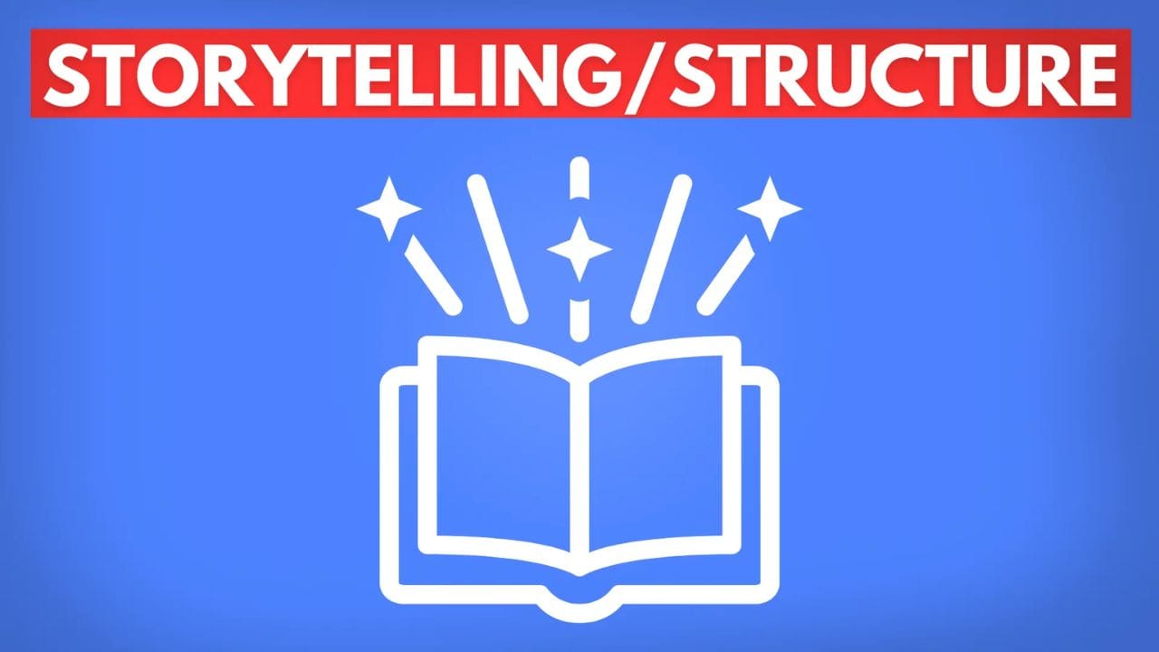 A white open book with stars bursting out of it on a blue background. The text "STORYTELLING/STRUCTURE" is displayed in red above the image.