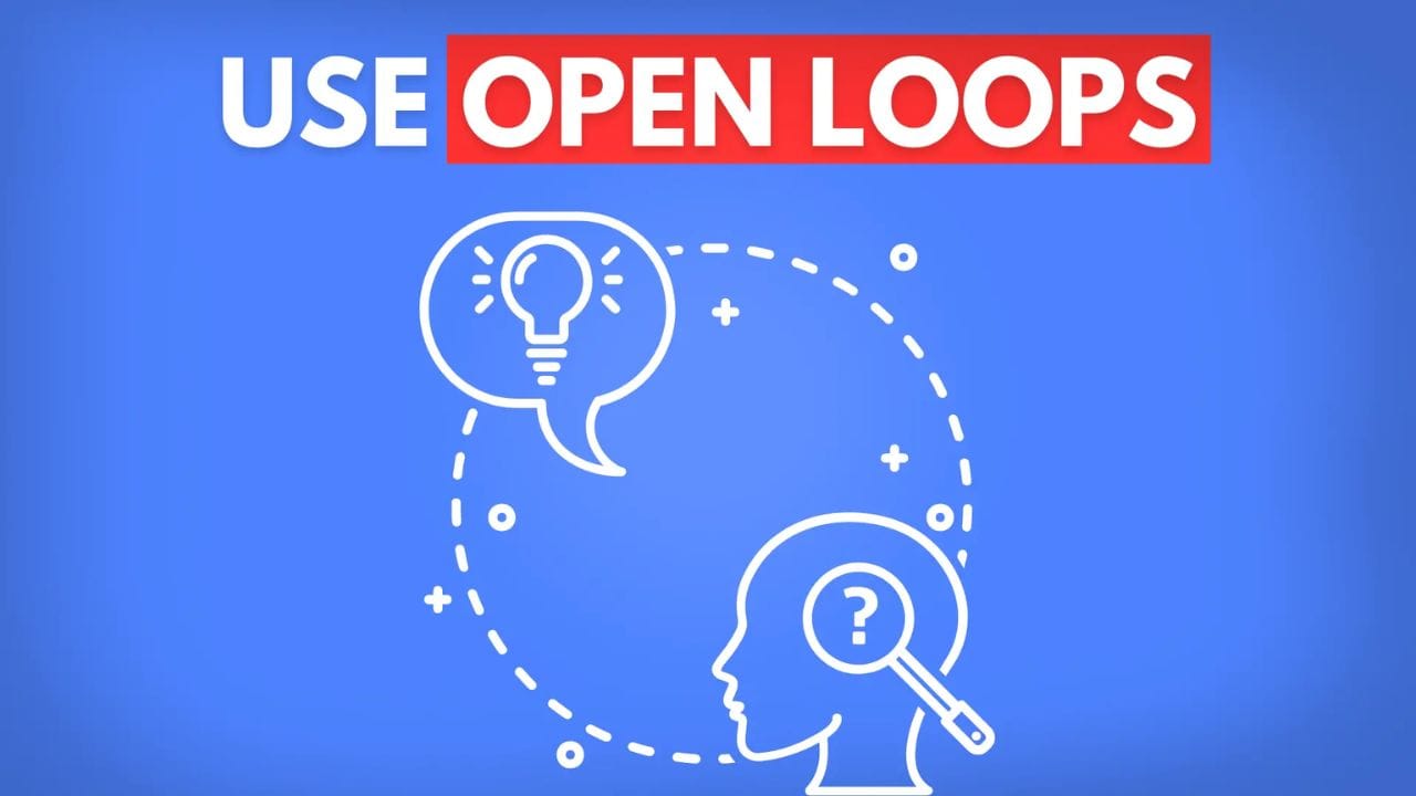 A white speech bubble with a lightbulb inside and a white head with a magnifying glass searching for a question mark. The two are connected by a dotted line. The text "USE OPEN LOOPS" is displayed in red above the image.