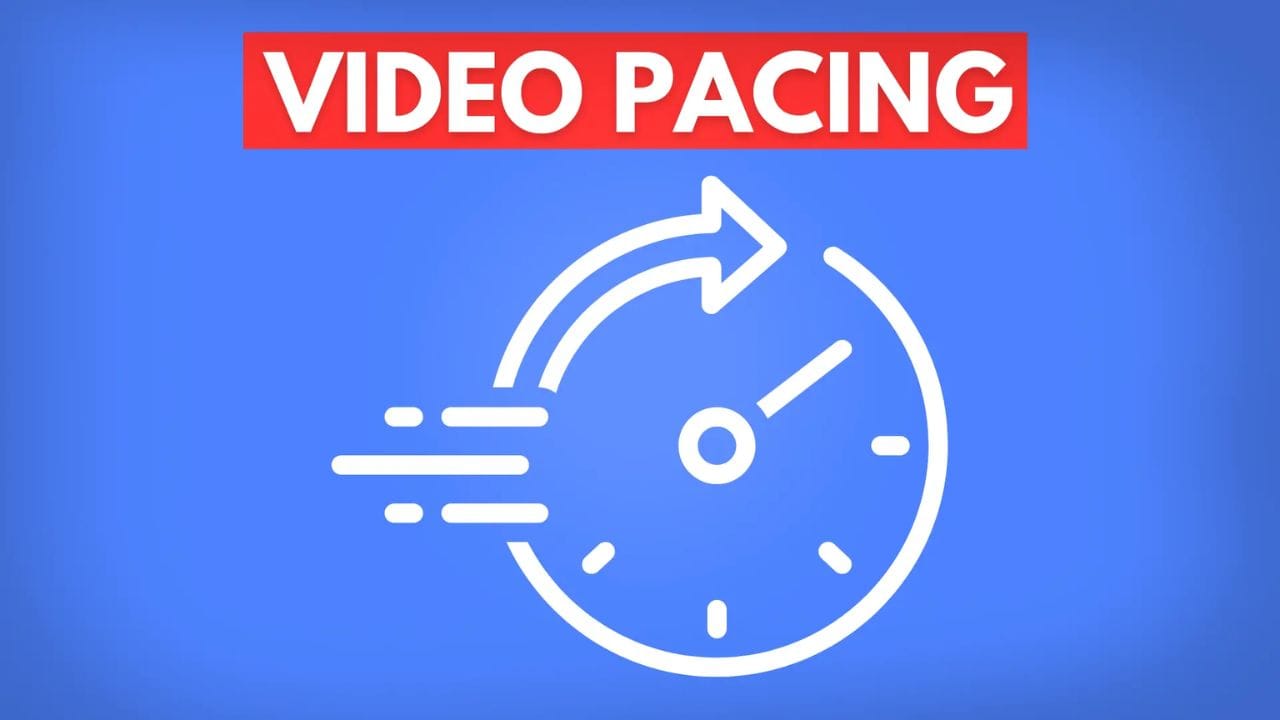 A white clock face with an arrow pointing forward and a speed line. The text "VIDEO PACING" is displayed in red above the image.