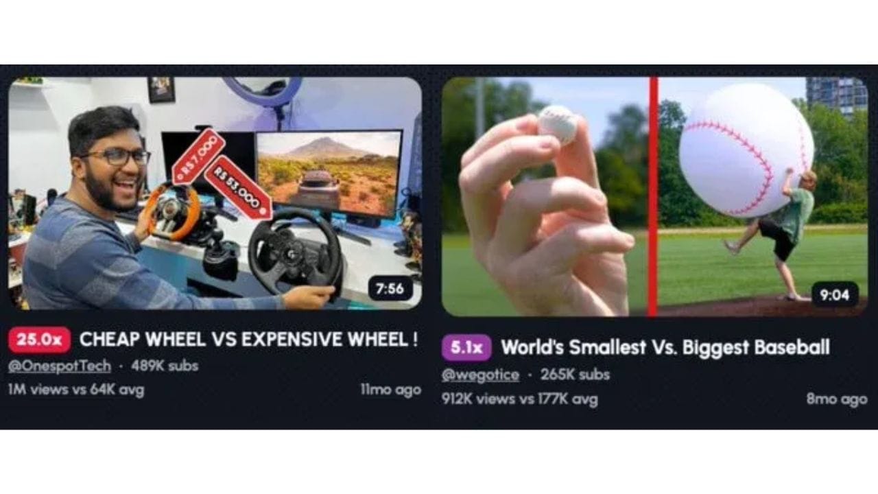 Left video is titled "CHEAP WHEEL VS EXPENSIVE WHEEL" and the right is titled "World's Smallest Vs. Biggest Baseball