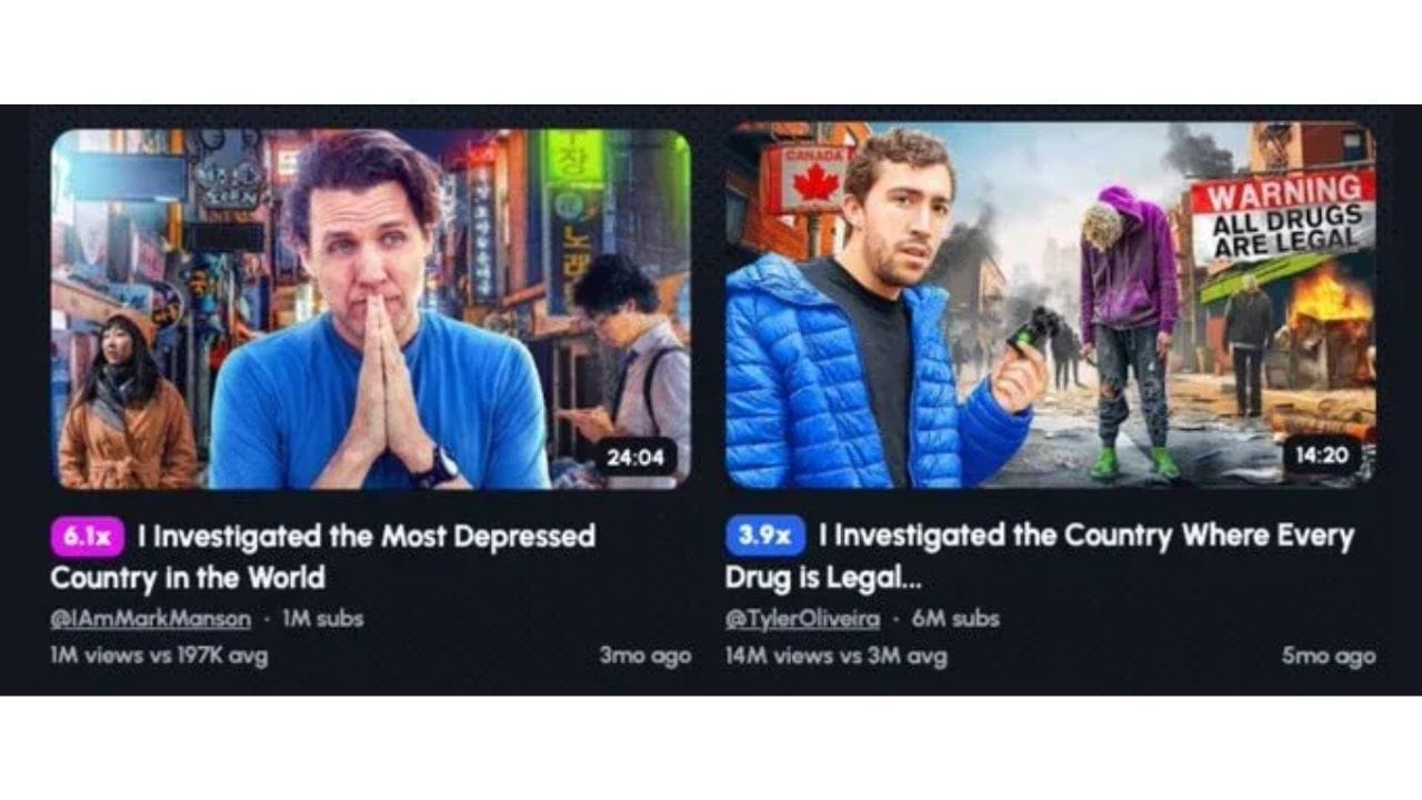 Two YouTube thumbnails side-by-side. On the left: a video titled "I Investigated the Most Depressed Country in the World". On the right: a video titled "I Investigated the Country Where Every Drug is Legal...".