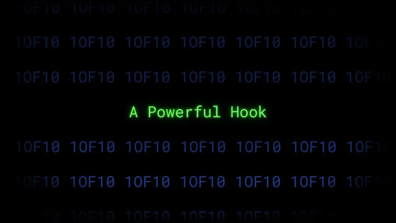 A dark screen with green text that reads "A Powerful Hook" surrounded by a matrix-like background of green and blue code.
