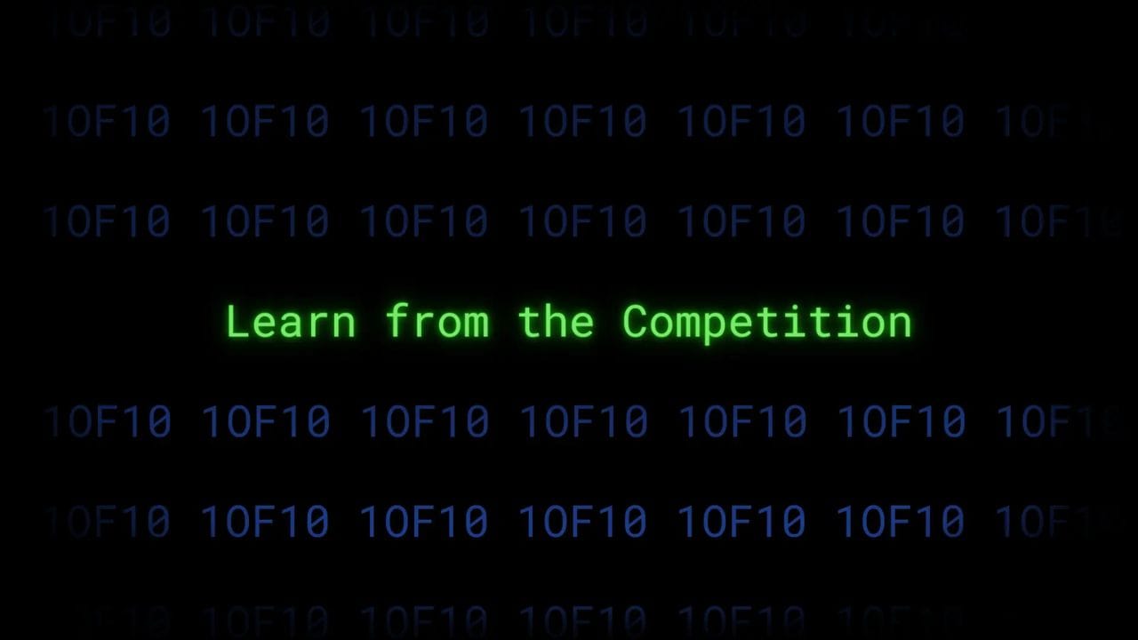 A dark screen with green text that reads "Learn from the Competition" surrounded by a matrix-like background of green and blue code.