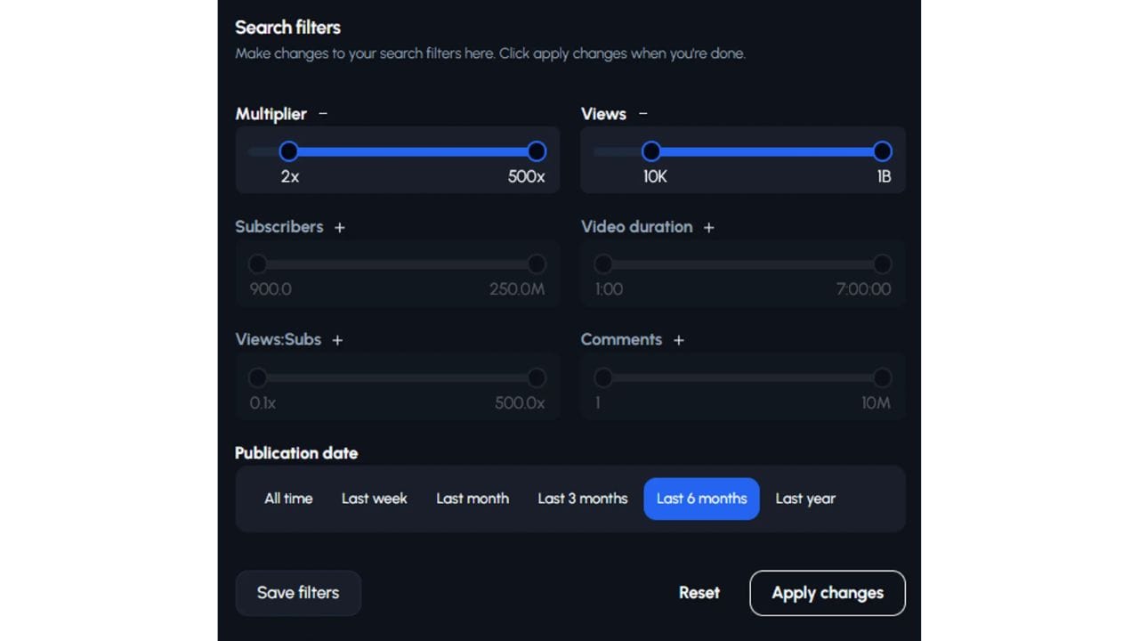 A screenshot of a YouTube search filter interface with options to filter videos by multiplier, views, subscribers, video duration, views/subs, comments, and publication date.
