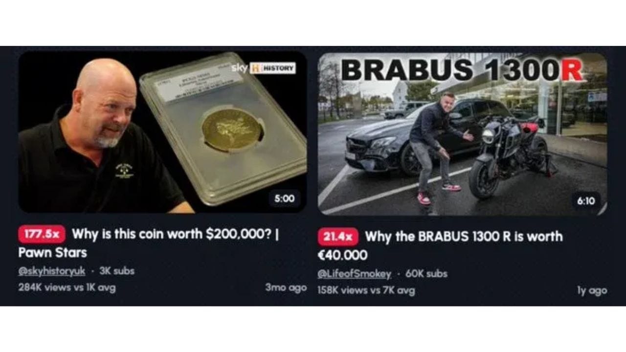 Two YouTube thumbnails side-by-side. On the left: a video titled "Why is this coin worth $200,000? | Pawn Stars". On the right: a video titled "Why the BRABUS 1300 R is worth €40.000".