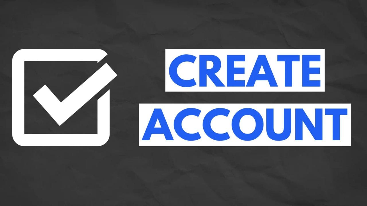 A white checkmark in a square box, followed by the text "CREATE ACCOUNT" in blue, all on a dark gray background.