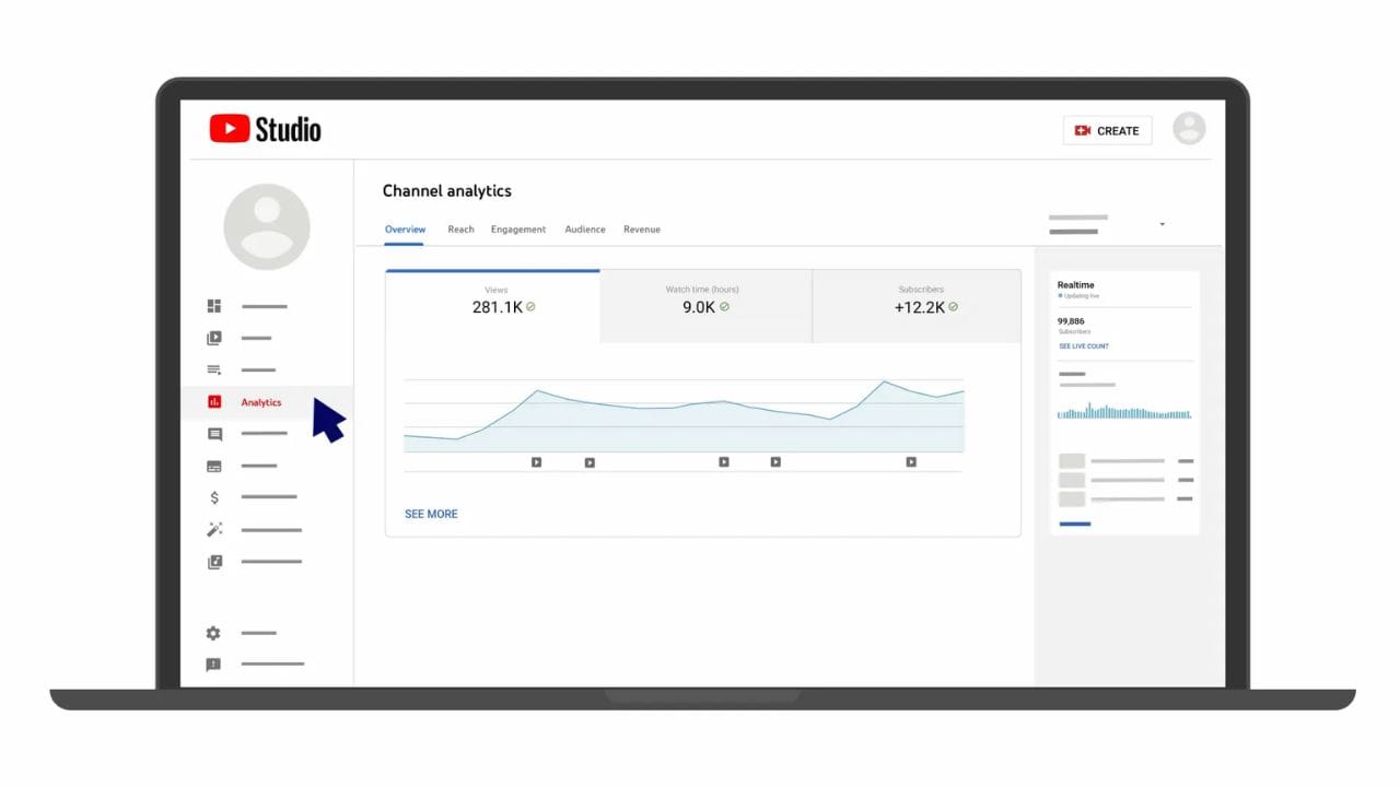 A laptop screen displaying the YouTube Studio dashboard. The "Analytics" tab is highlighted, and the screen shows various metrics like views, watch time, and subscriber growth.