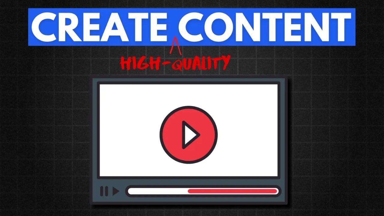 A white video player icon with a red play button on a dark gray background. The text "CREATE CONTENT" and "HIGH-QUALITY" is in blue.