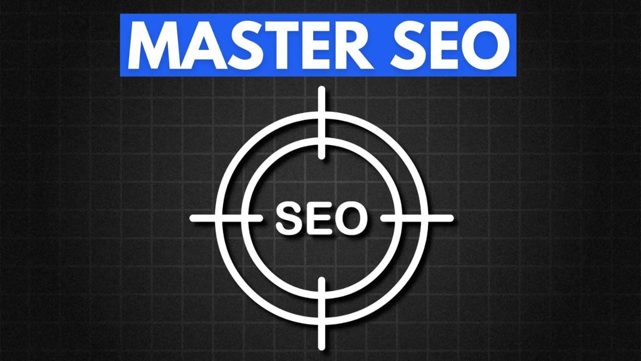 A white target symbol with the word "SEO" in the center, on a dark gray background with the text "MASTER SEO" in blue.