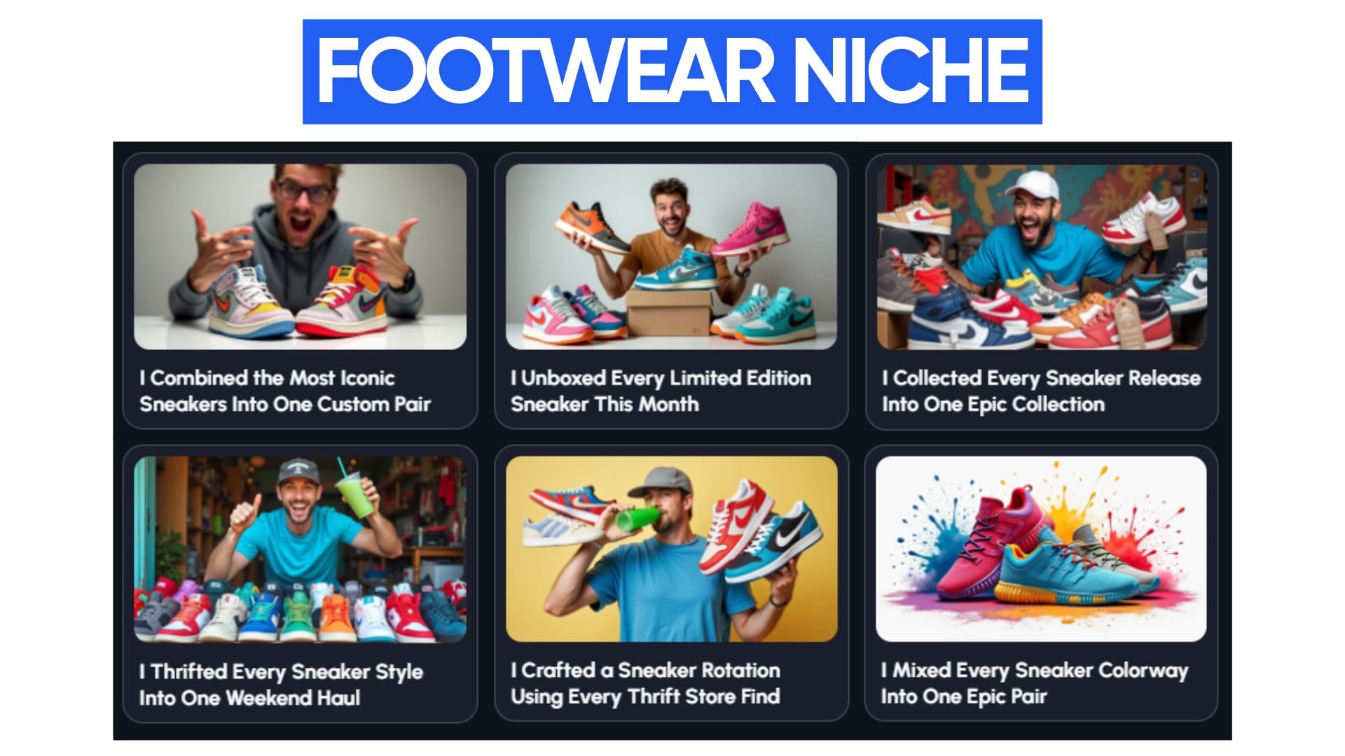 This image showcases popular YouTube videos that have utilized the "I [ACTION] Every [SUBJECT]" format within the Footwear niche.