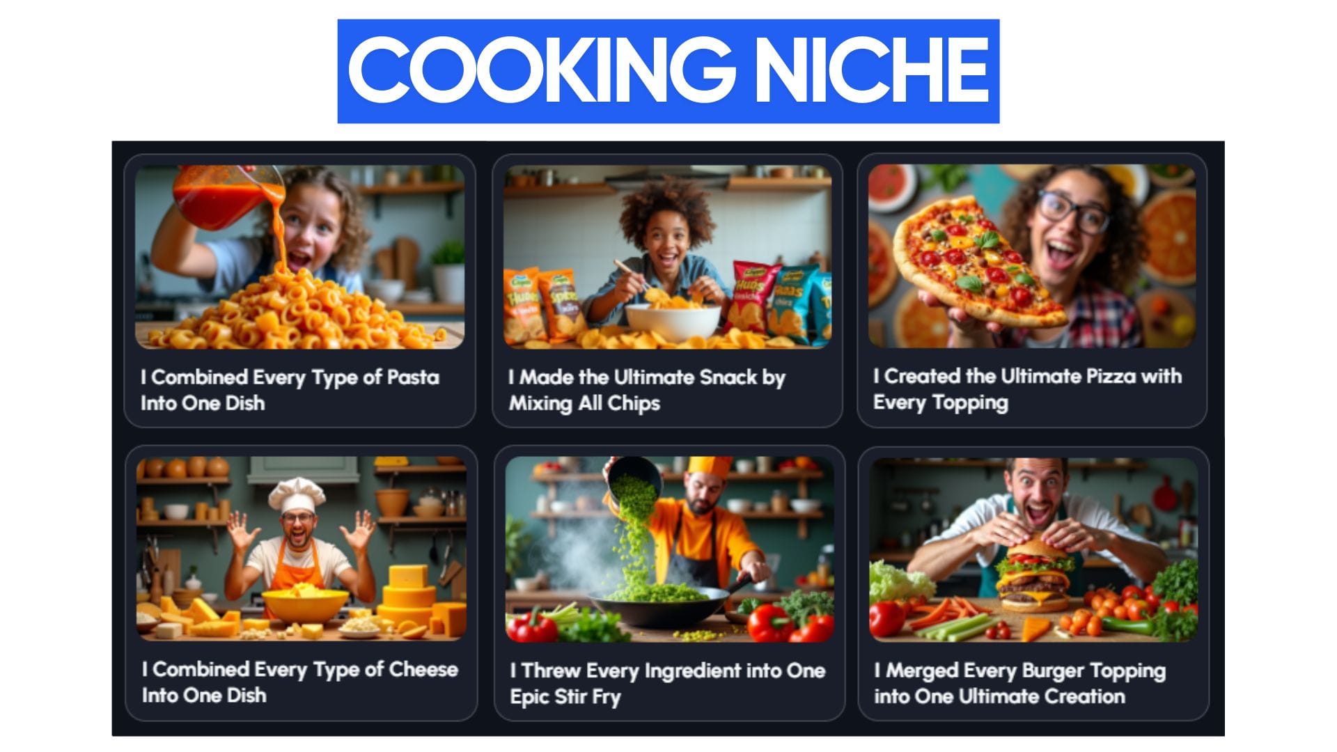 This image showcases popular YouTube videos that have utilized the "I [ACTION] Every [SUBJECT]" format within the Cooking niche.