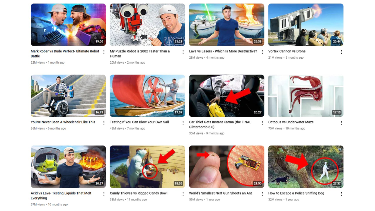 An image of a YouTube channel page featuring videos by Mark Rober. The thumbnails showcase a variety of experiments, challenges, and pranks, including lava vs. lasers, glitter bomb pranks, and robot battles.