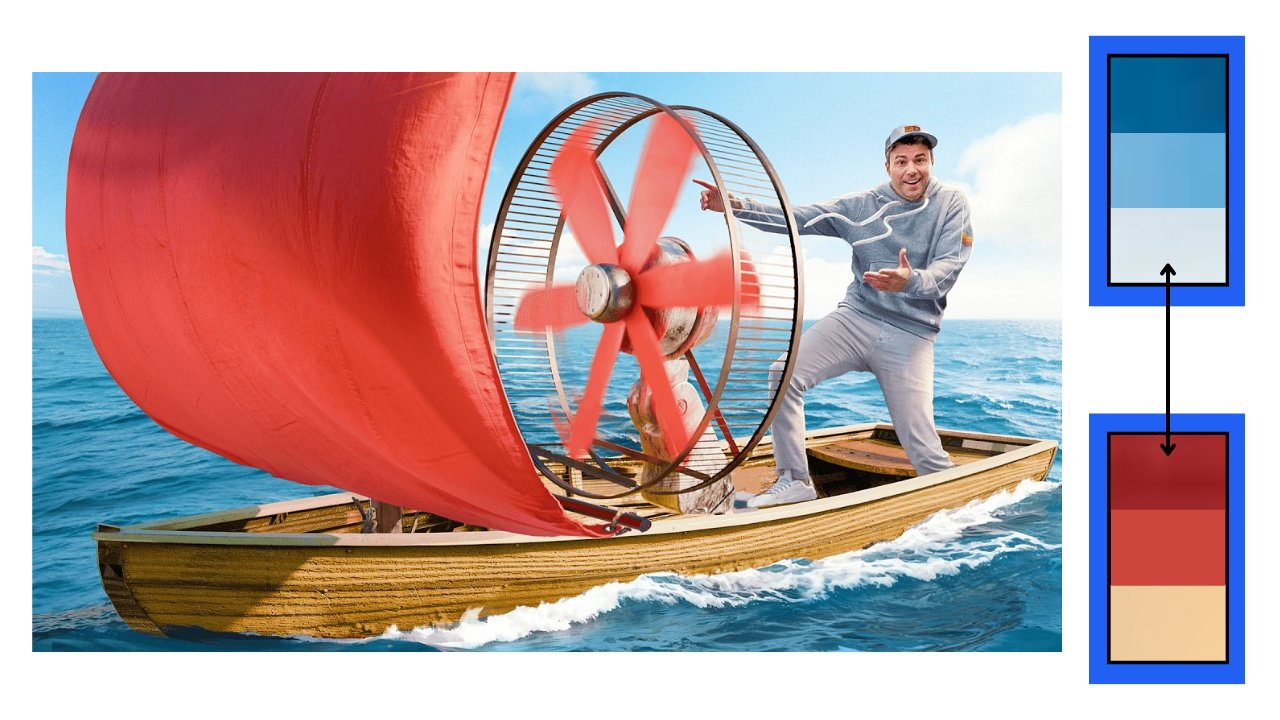 A thumbnail of Mark Rober on a sail boat in the water with a large red fan