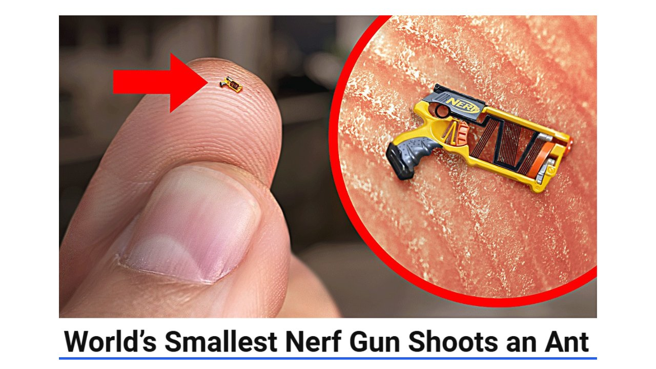 A thumbnail of a small gun on a finger print with the title "World's Smallest Nerf Gun Shoots An Ant"