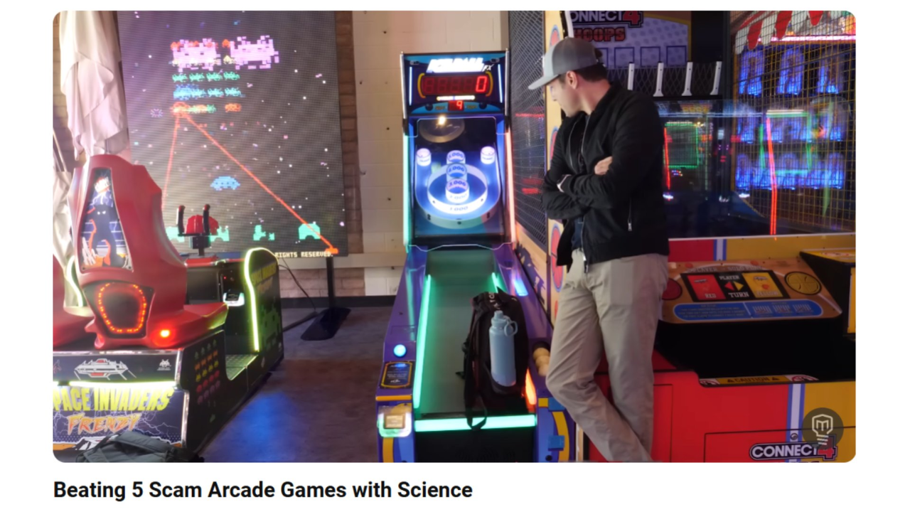 An intro section of a video from Mark Rober "Beating 5 Scam Arcade Games with Science"