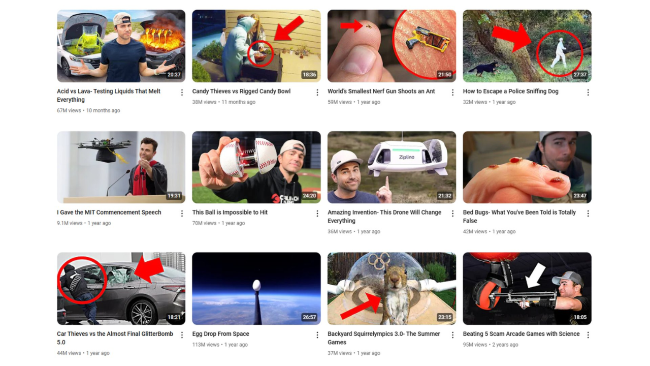 12 thumbnails from Mark Rober's videos