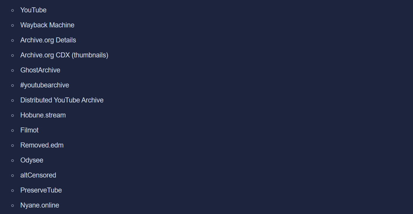 A dark-themed text list showing various platforms and tools used to archive or retrieve deleted YouTube videos. The platforms mentioned include YouTube, Wayback Machine, Archive.org Details, GhostArchive, Distributed YouTube Archive, altCensored, Odysee, and PreserveTube among others.