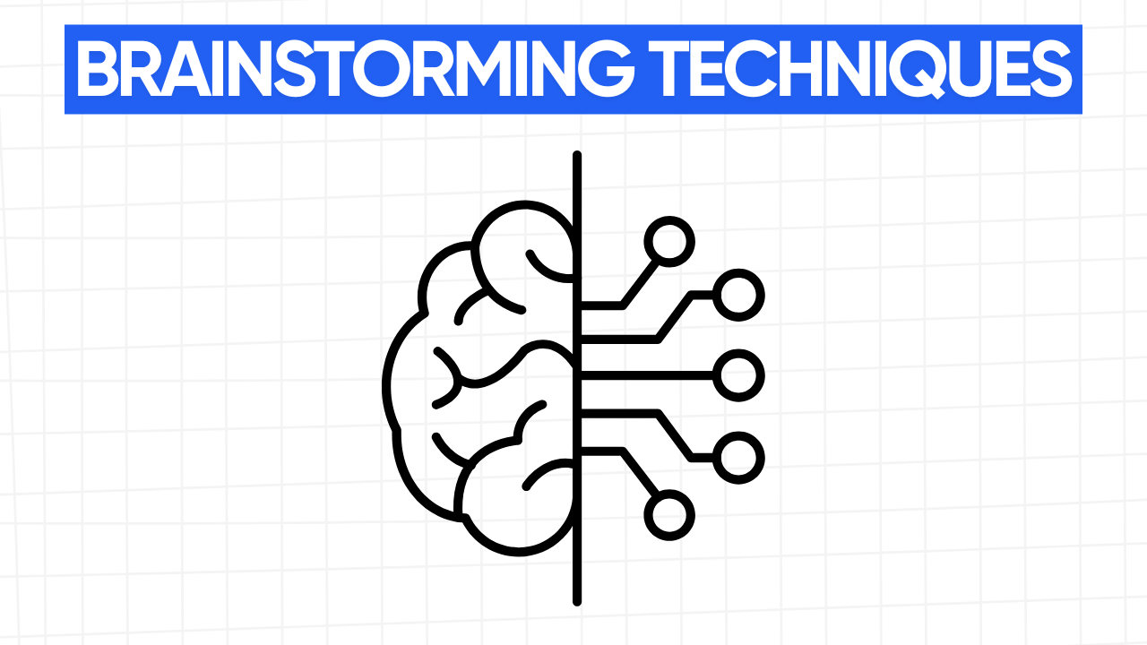 Graphic illustration of a brain split in half, with one side showing a traditional brain outline and the other side showing a stylized circuit board design. The text "BRAINSTORMING TECHNIQUES" is displayed in a blue banner at the top. The background is a light gray grid pattern.