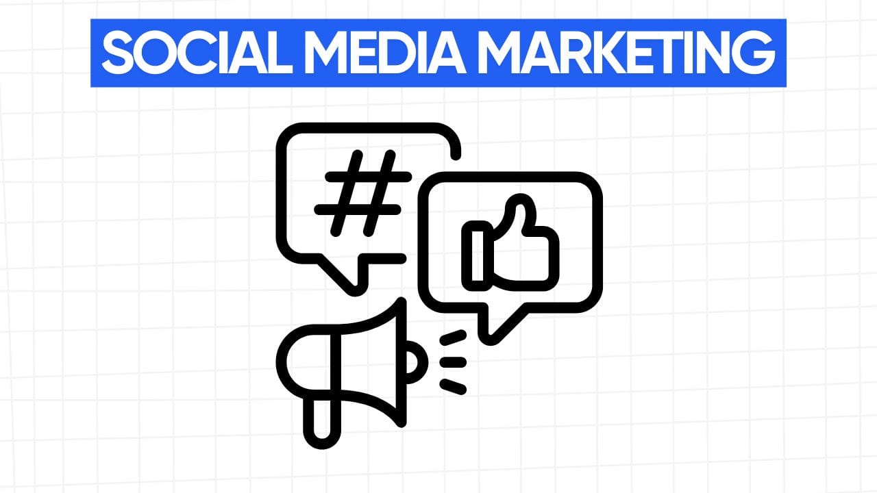 A line art drawing of a megaphone with sound lines, and two speech bubbles. The first bubble contains a hashtag (#), and the second contains a thumbs-up icon. Above the illustration is a blue banner with the text "SOCIAL MEDIA MARKETING" in white letters. The background is a light gray grid pattern.