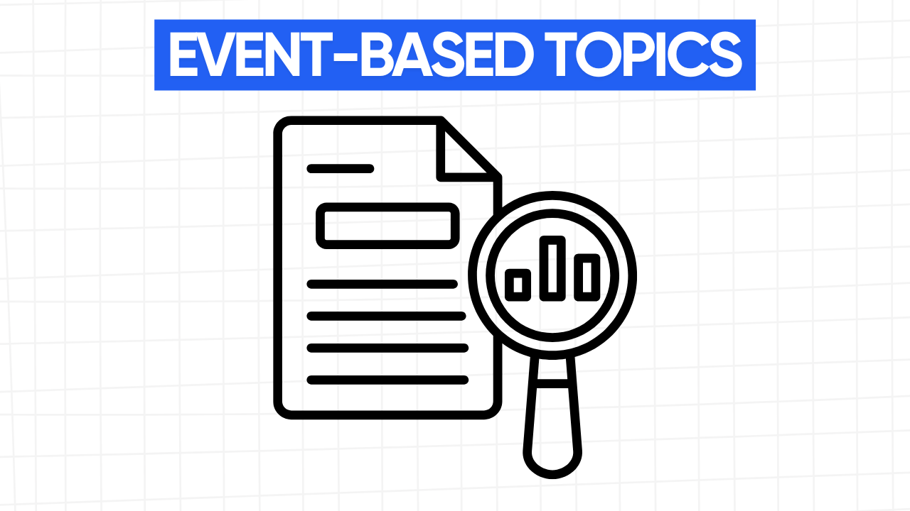 Graphic illustration of a document with lines of text and a magnifying glass over a bar graph, representing research and analysis of event-related topics. The text "EVENT-BASED TOPICS" is displayed in a blue banner at the top. The background is a light gray grid pattern.