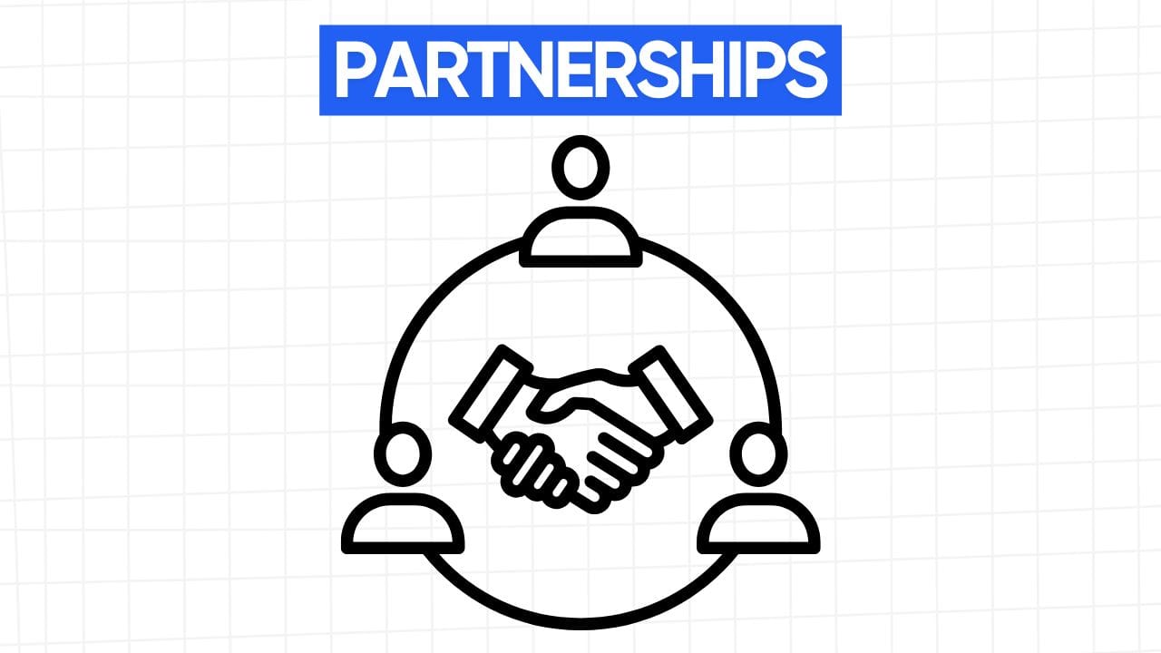 A line art drawing of a handshake at the center of a circle. The circle connects three simplified figures. Above the illustration is a blue banner with the text "PARTNERSHIPS" in white letters. The background is a light gray grid pattern.