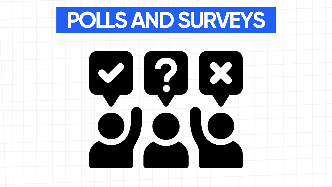 Graphic illustration of three stylized human figures with raised hands, each holding a chat bubble with a different symbol: a checkmark, a question mark, and an X. The text "POLLS AND SURVEYS" is displayed in a blue banner at the top. The background is a light gray grid pattern.