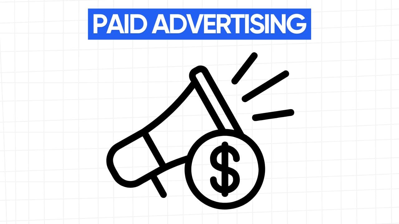 A line art drawing of a megaphone with sound lines, and a dollar symbol ($) inside a circle attached to the megaphone. Above the illustration is a blue banner with the text "PAID ADVERTISING" in white letters. The background is a light gray grid pattern.