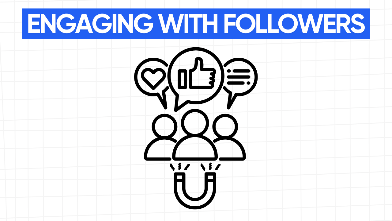 Graphic illustration of three stylized human figures with chat bubbles above them, containing a heart, a thumbs-up, and a speech bubble with lines, representing engagement and feedback. A magnet is shown below the figures. The text "ENGAGING WITH FOLLOWERS" is displayed in a blue banner at the top. The background is a light gray grid pattern.