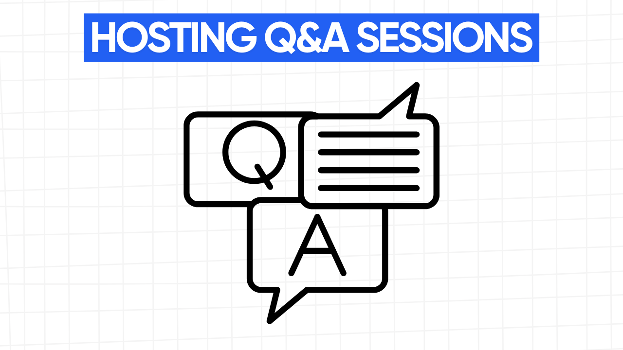Graphic illustration of three chat bubbles. One bubble contains the letter "Q", another contains lines of text, and the third contains the letter "A", representing a question-and-answer session. The text "HOSTING Q&A SESSIONS" is displayed in a blue banner at the top. The background is a light gray grid pattern.
