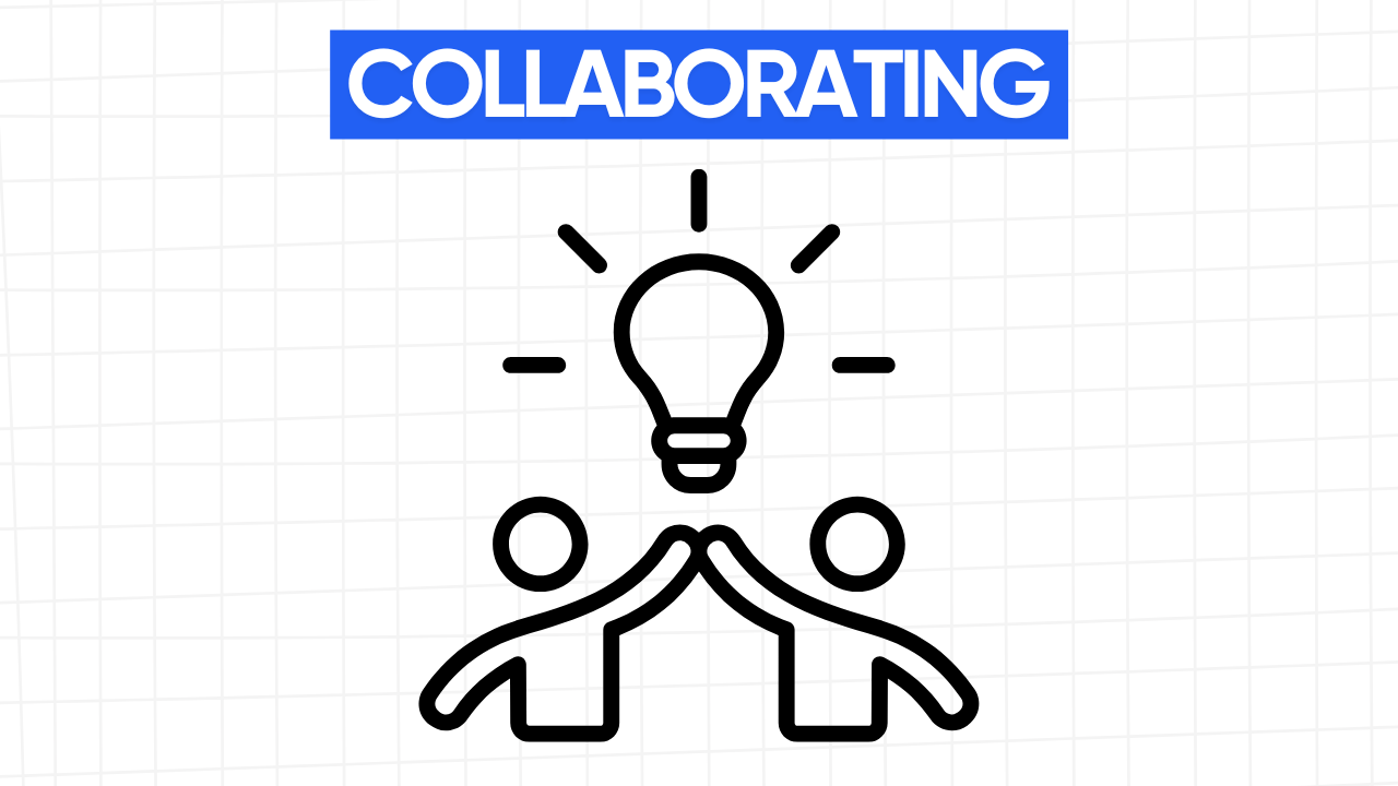 Graphic illustration of two stylized human figures giving each other a high-five under a lightbulb with radiating lines, representing collaboration and brainstorming. The text "COLLABORATING" is displayed in a blue banner at the top. The background is a light gray grid pattern.