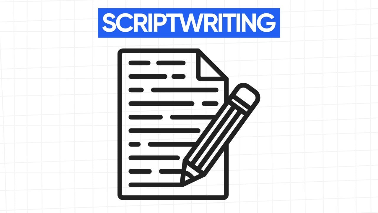 Graphic illustration of a pencil and paper with lines of text, labeled "SCRIPTWRITING."
