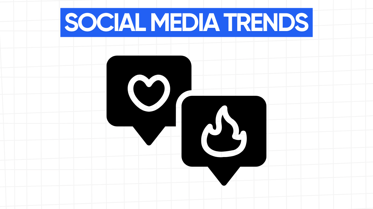 Two stylized chat bubbles, one with a heart icon and the other with a flame icon, representing engagement and trending content. The text "SOCIAL MEDIA TRENDS" is displayed in a blue banner at the top. The background is a light gray grid pattern.