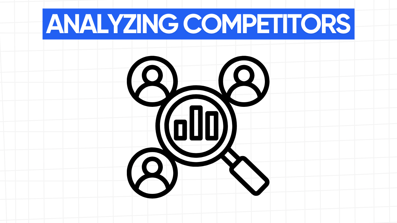 Graphic illustration of a magnifying glass with a bar graph inside, surrounded by three stylized human figures. The text "ANALYZING COMPETITORS" is displayed in a blue banner at the top. The background is a light gray grid pattern.