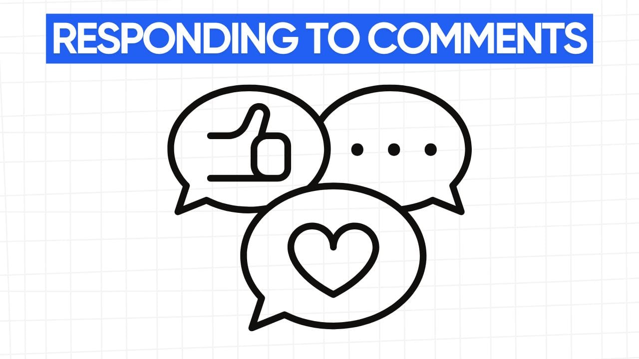 A line art drawing of three overlapping speech bubbles. The first bubble contains a thumbs-up icon, the second contains an ellipsis (...), and the third contains a heart icon. Above the speech bubbles is a blue banner with the text "RESPONDING TO COMMENTS" in white letters. The background is a light gray grid pattern.