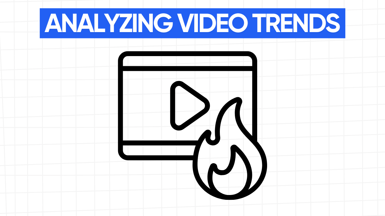 Graphic illustration of a stylized video player icon with a flame icon next to it, representing trending and popular video content. The text "ANALYZING VIDEO TRENDS" is displayed in a blue banner at the top. The background is a light gray grid pattern.